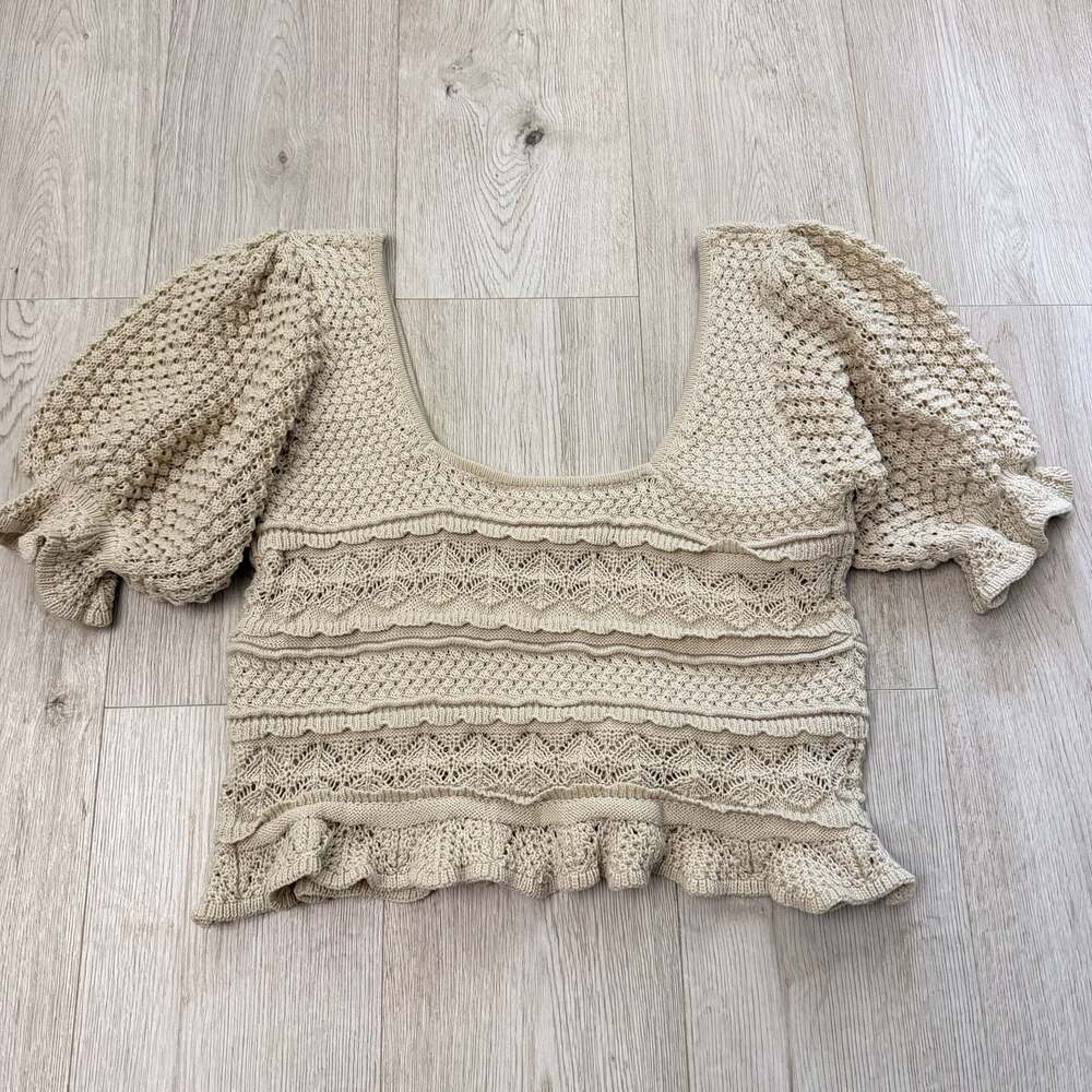 BiBi Square Neck Puff Sleeve Crochet Knit Top